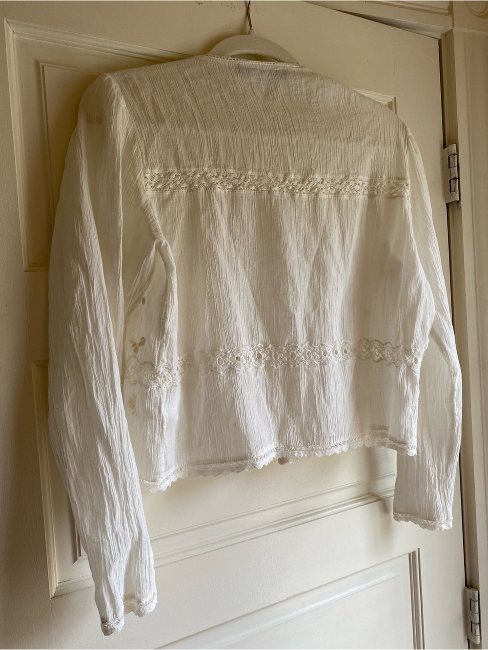 Zara Crochet Embroidered 100% Crinkle Cotton Boxy Button Up Blouse Cream Size L - Picture 2 of 15